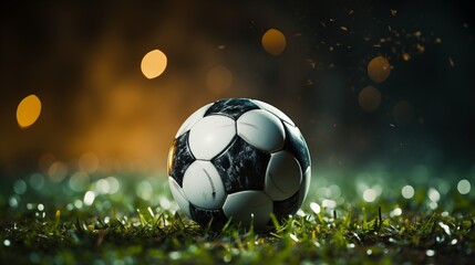 Wall Mural - soccer ball in a stadium with lights. a classic black and white soccer ball on green grass in the ce