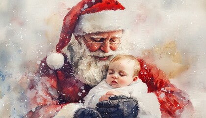 Watercolor portrayal Santa Claus holding baby Jesus, merging traditional Christmas imagery with a tender, gift-giving theme.