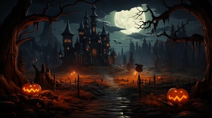 spooky halloween, pumpkins castle, dark, cartoon style for kids.
