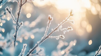 Sun shining through frozen tree branches covered with snow