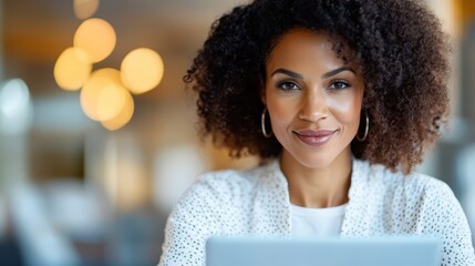 A confident woman with curly hair smiling at the camera while sitting in an indoor office environment, showcasing positivity and success in her professional role.