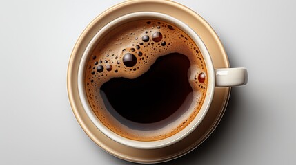 Wall Mural - top view of isolated mug with hot black coffee with foam on transparent cutout png background.