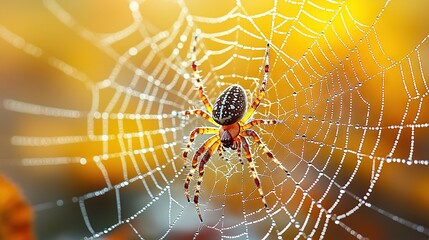 in the middle of a spider web sits a spider, surrounded by the golden rays of the sun