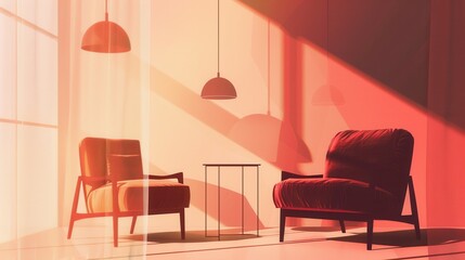 Wall Mural - Silhouettes of stylish armchairs, a table, and lamps are showcased against a light, warm gradient background. Generative AI