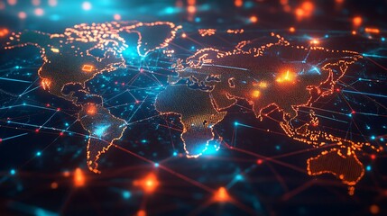 Wall Mural - digital world map with interconnected network of lines and nodes