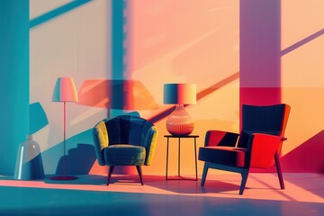 Wall Mural - Stylish silhouettes of an armchair, lamp, and table create a serene atmosphere against a softly colored gradient backdrop. Generative AI