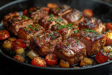 Close-up of baked meat with mushrooms, vegetables and spices