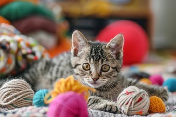 Two lively kittens enjoy playing with vibrant yarn balls and toys in a warm, inviting living room setting. Generative AI