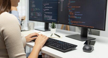 Wall Mural - hand focus with developers program typing coding creative website planning software version project 