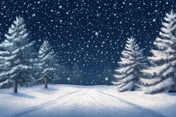 Snow falls gently on a quiet winter landscape with snow-covered trees and a path under a dark starry sky evoking calm and serenity  
