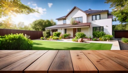 a wood table space with home backyard blurred background with house in garden