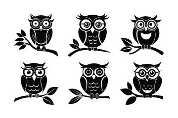 owl on a tree branch vector silhouette art illustration icon set