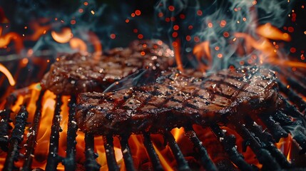 Grilled steaks cooking on an open flame.