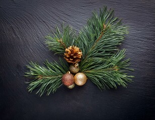 christmas decoration with fir branches on a dark shale backgroun