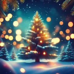 christmas winter blurred background xmas tree with snow decorated with garland lights holiday festive background widescreen backdrop new year winter art design wide screen holiday border