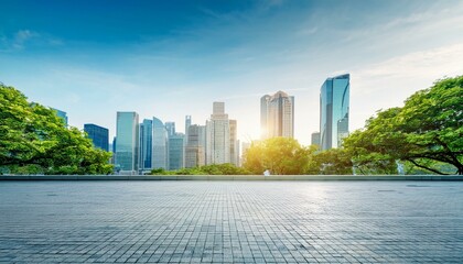 empty city square and green tree with modern city skyline scenery