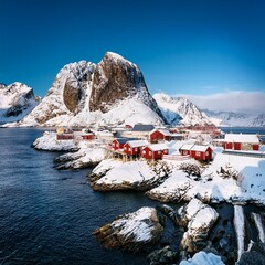 fantastic winter view on hamnoy village and festhaeltinden mountain on backgroun