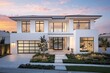 © Abdul - shot of a two-story modern home with white walls, flat roof, glass windows, garage on the left, and a small garden in front at sunset
