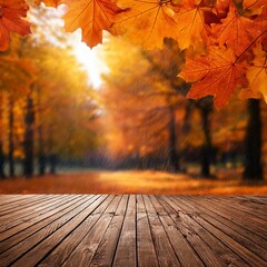 orange fall leaves on wooden floor autumn natural background with maple trees