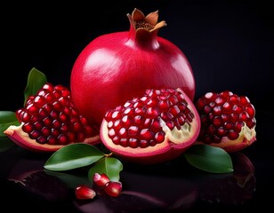 pomegranate fresh juicy pomegranates with leaves isolated on black background organic bio fruits closeup