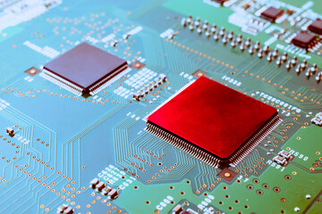 printed circuit. layout of tracks. PCB. processor, chip and electronic components