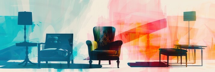 Wall Mural - Various furniture silhouettes create an artistic arrangement against a colorful gradient background, enhancing the visual appeal of the setting. Generative AI