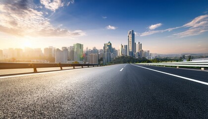 straight asphalt road and city skyline with buildings scenery