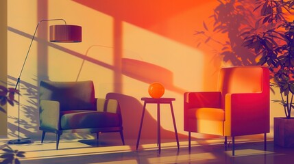 Poster - The composition showcases silhouettes of an armchair, a table with an orb, and a lamp, creating a cozy atmosphere on a gradient backdrop. Generative AI