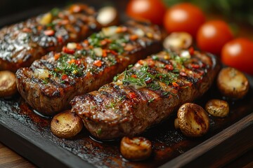 Close-up of baked meat with mushrooms, vegetables and spices