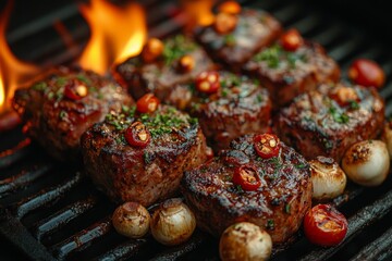 Close-up of baked meat with mushrooms, vegetables and spices