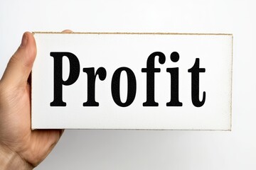 A hand holding a sign with the word 'Profit' prominently displayed on a white background.