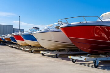 Luxury boats on trailers parked outside a boat sports store under a clear blue sky on a sunny day