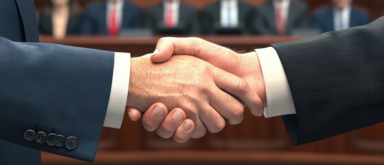 Close-up of a handshake between two professionals in a business setting.