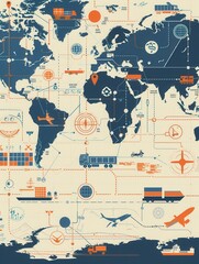 Fototapete - This detailed global map illustrates major transport routes, highlighting icons for land, air, and sea transportation methods. Generative AI