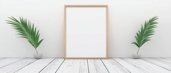 Minimalist interior scene featuring a blank picture frame and green plants on a wooden floor.