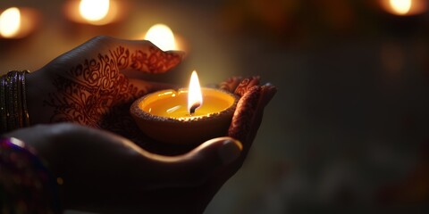 Diwali Close-up of hands with henna designs holding a lit candle during a traditional celebration