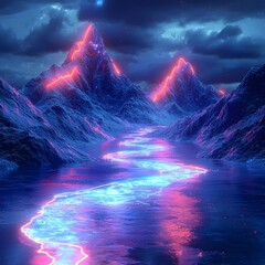 A surreal landscape with neon lights illuminating a winding river between two snow-capped mountains.