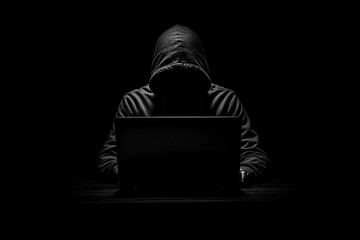 Hooded figure in front of a laptop, representing hacking or cyber espionage.