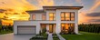 © Abdul - Expansive architectural shot of a modern two-story house with a flat roof, white walls, and large garage, featuring a small front garden at sunset