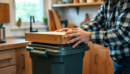 Man hands assembling furniture garbage bin in the kitchen