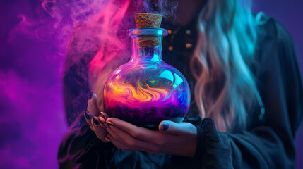 Mystical potion bottle with vivid swirls held by woman in enchanting light