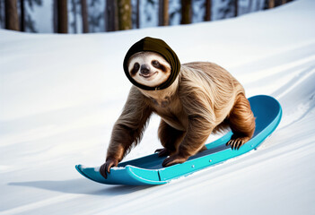 A smiling sloth in a winter hat is having fun and sledding down the snow from the mountain against the background of Christmas trees. The concept of life and fun, when even a slow sloth does it