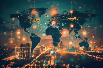 Aufkleber - Highlighted transport routes on a world map depict connections between major cities and regions using various transportation icons. Generative AI
