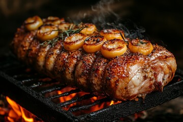 Pork knuckle bakeing over a campfire. Baked meat. Delicious dish. Meat with spices and sauce. 