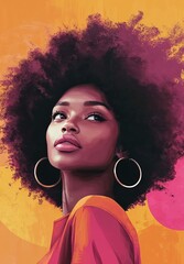 Elegant African woman with natural afro hairstyle looking back, vibrant pop art style, colorful background