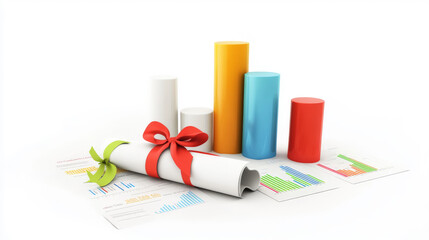 Colorful bar graphs and rolled documents with red bow on data charts