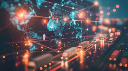 Fototapete - A map displays global transport routes with icons for different transportation modes, illustrating the movement of goods worldwide. Generative AI