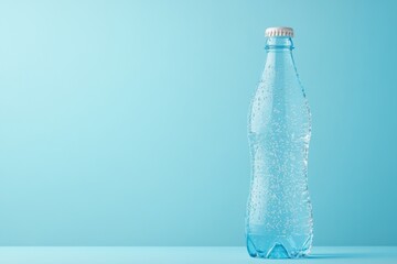 Clear plastic water bottle filled with sparkling water against a soothing light blue background captures a refreshing moment