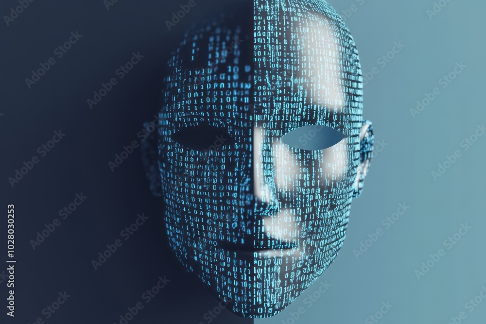 A mask symbolizing deception and anonymity, overlaid with streams of ...