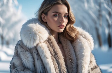 Model in faux fur coat in snowy winter setting